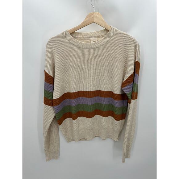 Kaileigh Cream Multi Stripe Long Sleeve Crewneck Sweater Women's Size Medium M - Picture 1 of 8